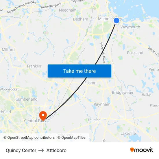 Quincy Center to Attleboro map