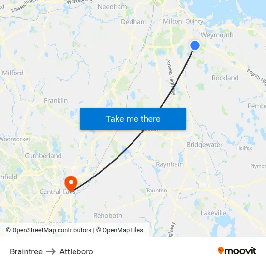Braintree to Attleboro map