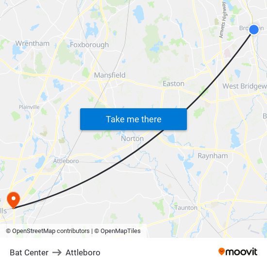 Bat Center to Attleboro map