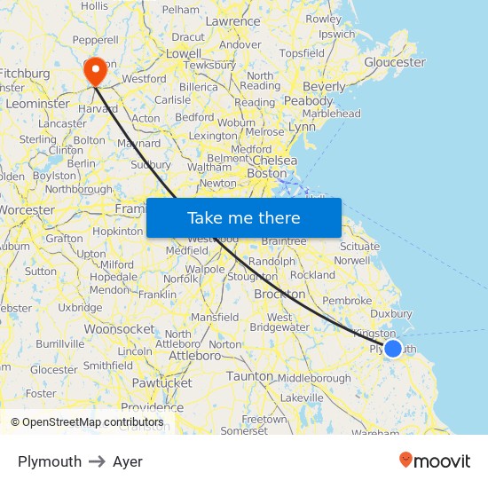 Plymouth to Ayer map