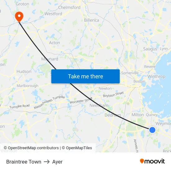 Braintree Town to Ayer map