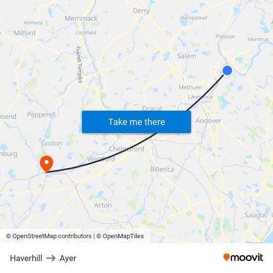 Haverhill to Ayer map