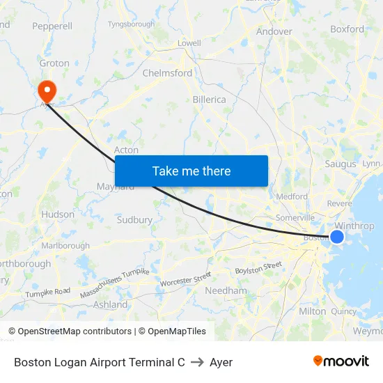 Boston Logan Airport Terminal C to Ayer map