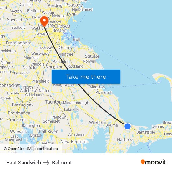 East Sandwich to Belmont map