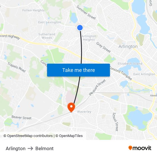 Arlington to Belmont map