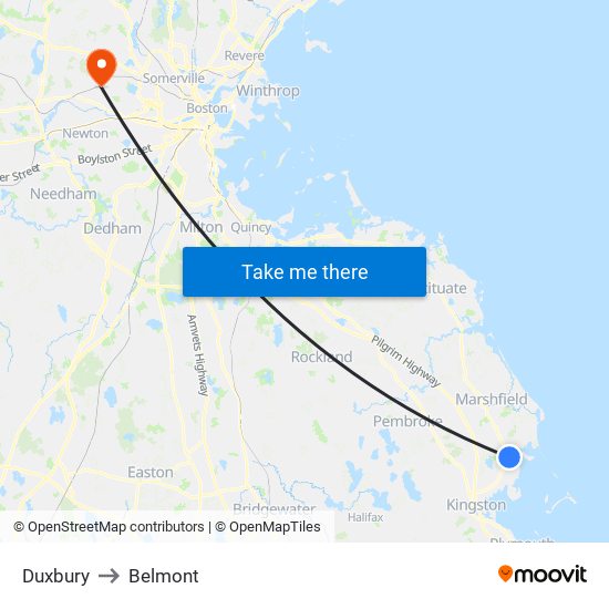 Duxbury to Belmont map