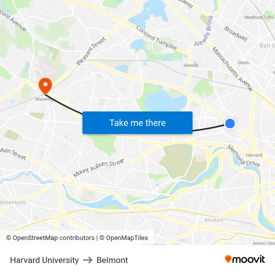 Harvard University to Belmont map