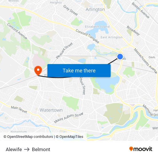 Alewife to Belmont map