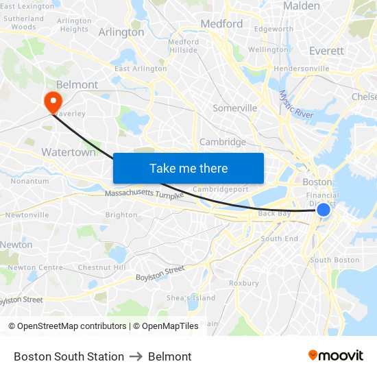 Boston South Station to Belmont map