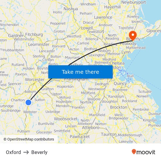 Oxford to Beverly map