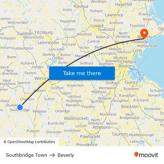 Southbridge Town to Beverly map