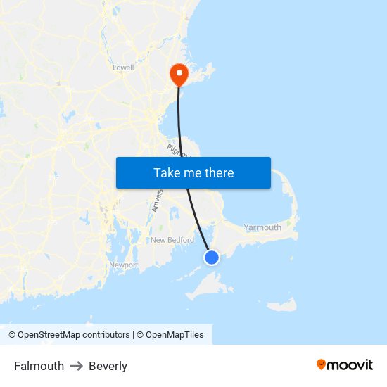 Falmouth to Beverly map