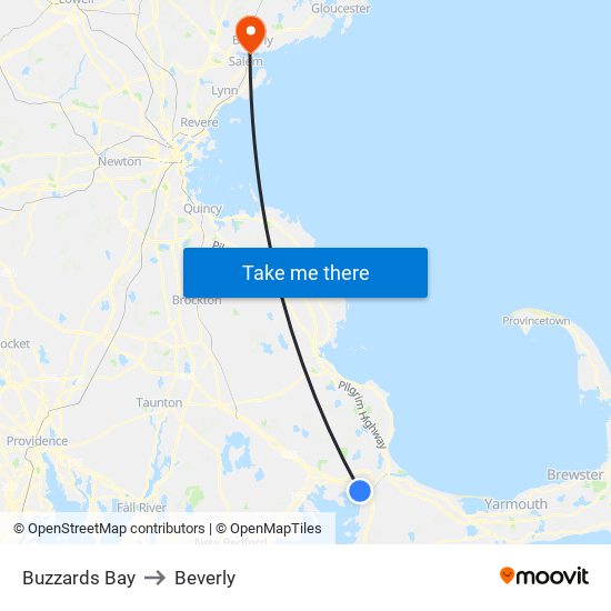 Buzzards Bay to Beverly map