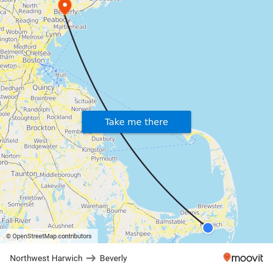 Northwest Harwich to Beverly map