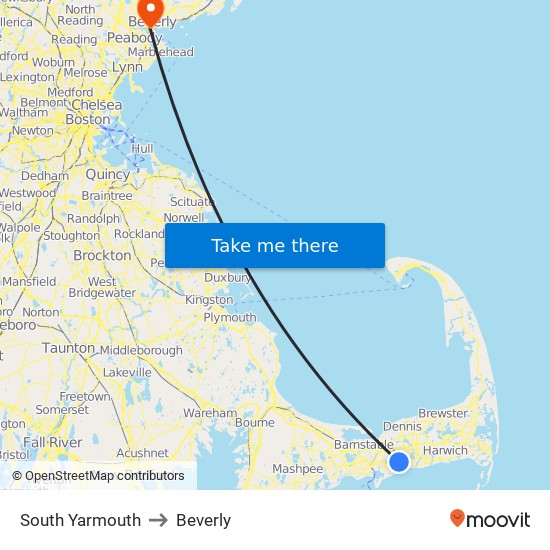 South Yarmouth to Beverly map