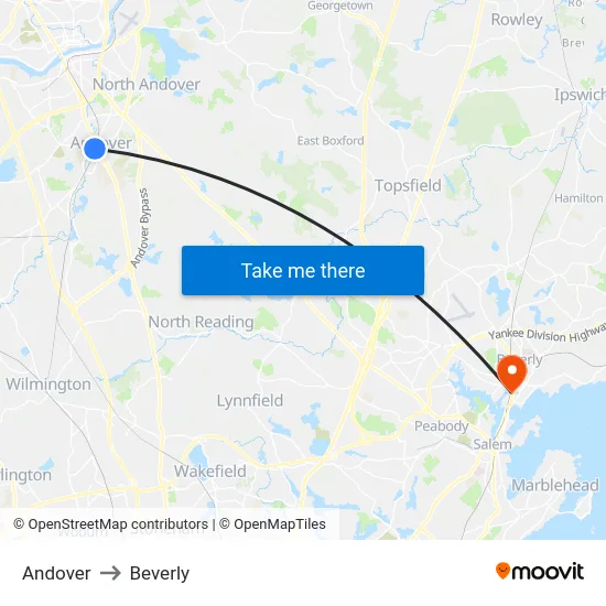 Andover to Beverly map