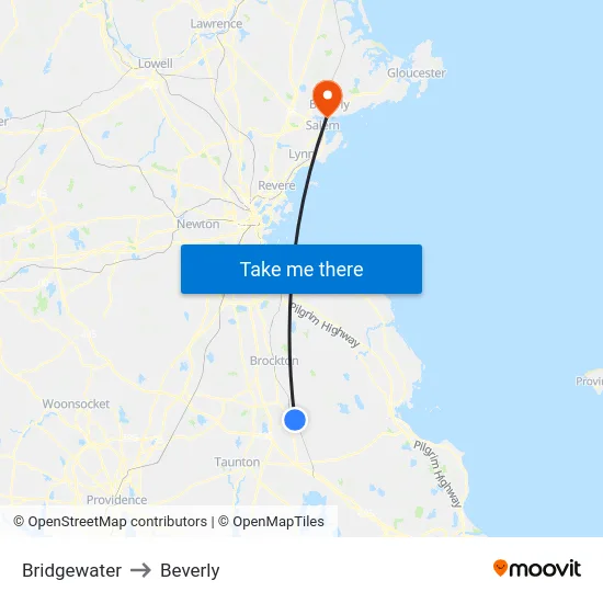 Bridgewater to Beverly map