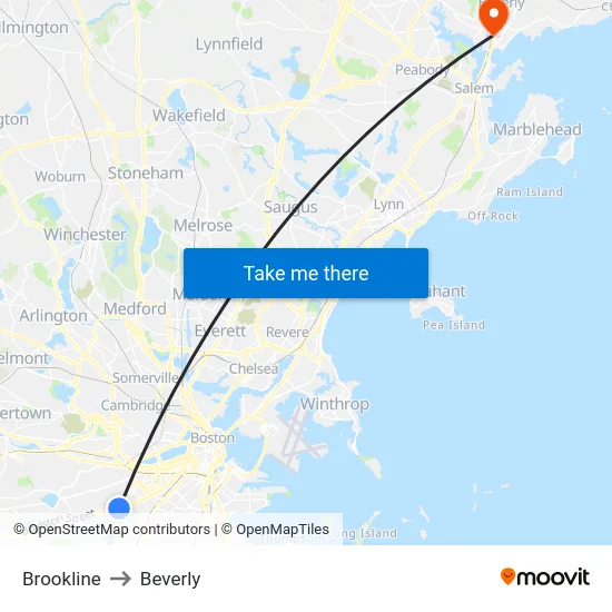 Brookline to Beverly map