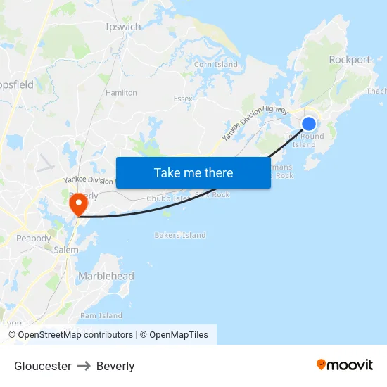 Gloucester to Beverly map