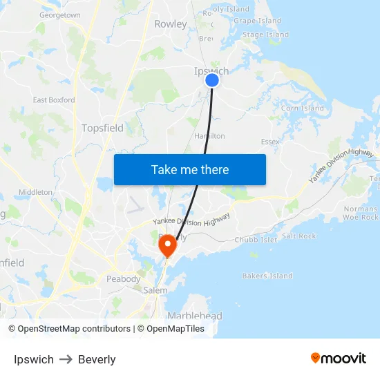 Ipswich to Beverly map