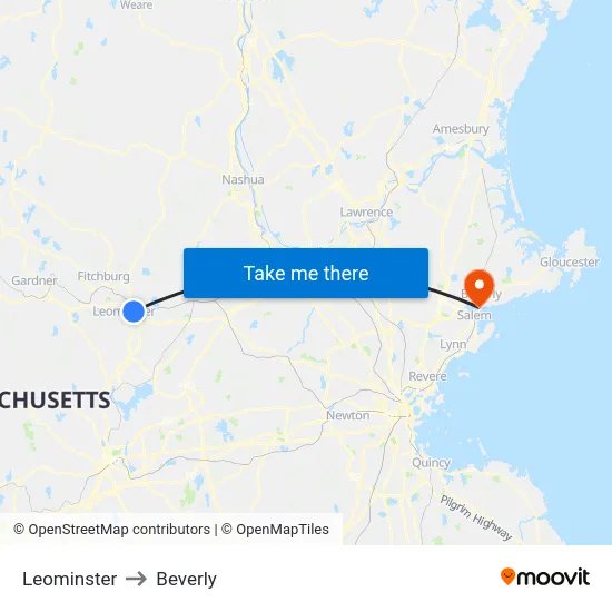 Leominster to Beverly map