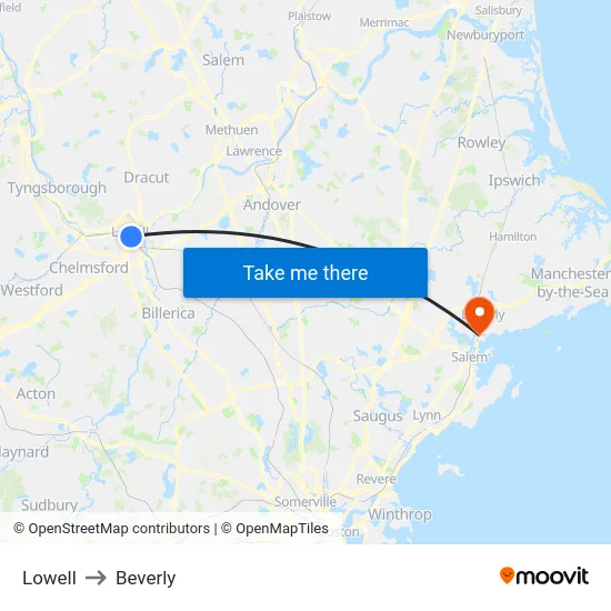 Lowell to Beverly map
