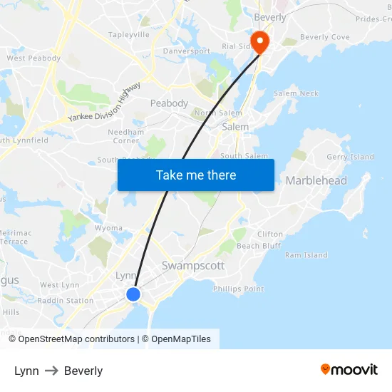 Lynn to Beverly map