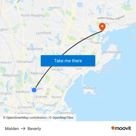Malden to Beverly map