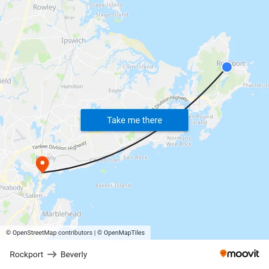 Rockport to Beverly map
