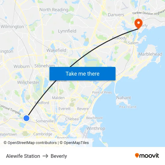 Alewife Station to Beverly map