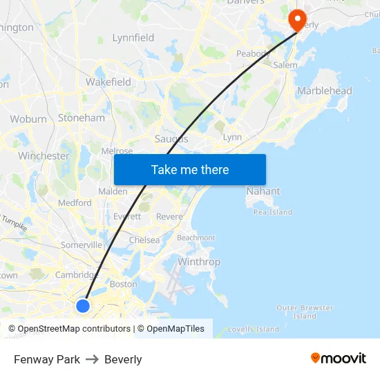 Fenway Park to Beverly map