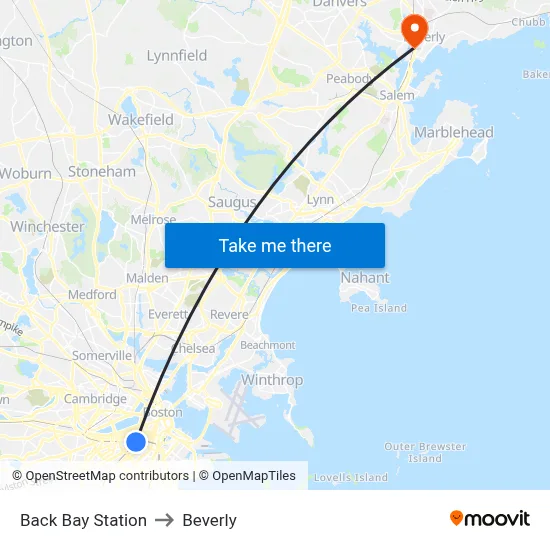 Back Bay Station to Beverly map