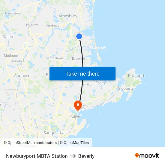 Newburyport MBTA Station to Beverly map