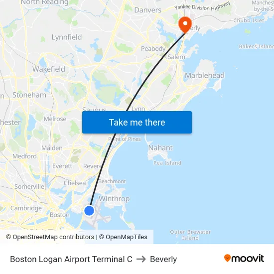 Boston Logan Airport Terminal C to Beverly map