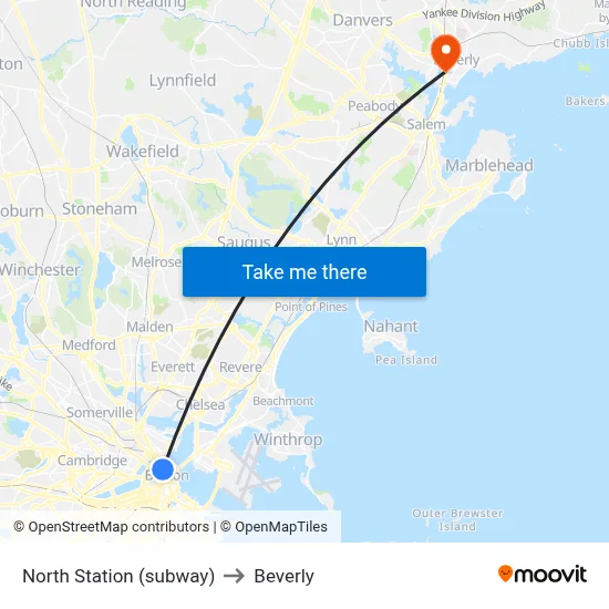 North Station (subway) to Beverly map
