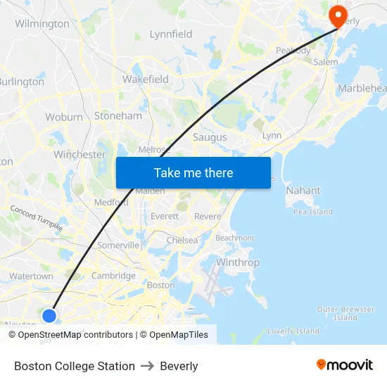 Boston College Station to Beverly map