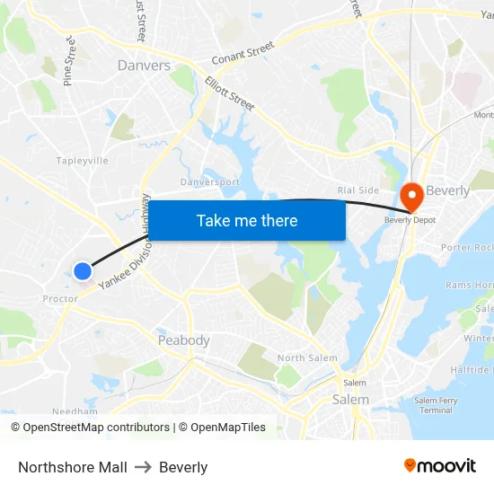 Northshore Mall to Beverly map