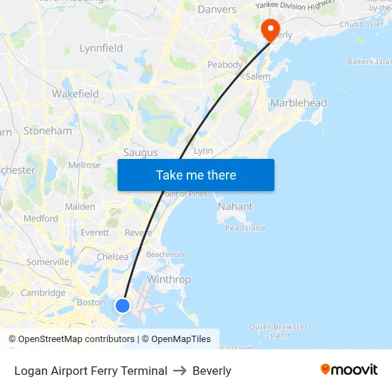 Logan Airport Ferry Terminal to Beverly map