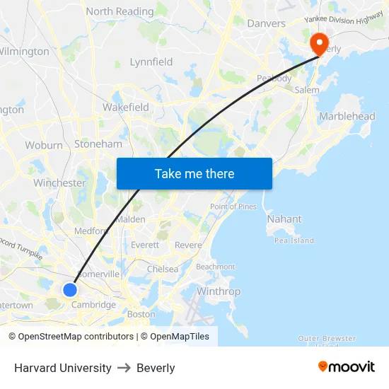 Harvard University to Beverly map