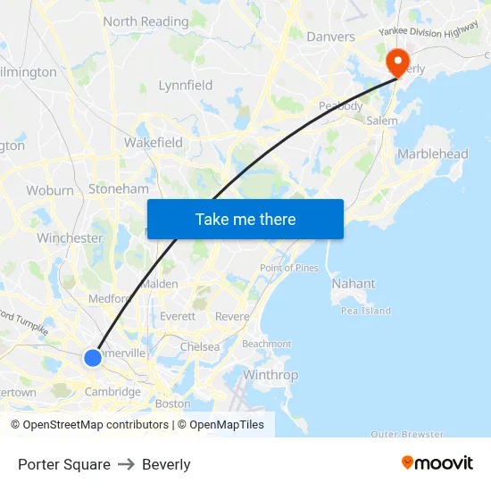 Porter Square to Beverly map