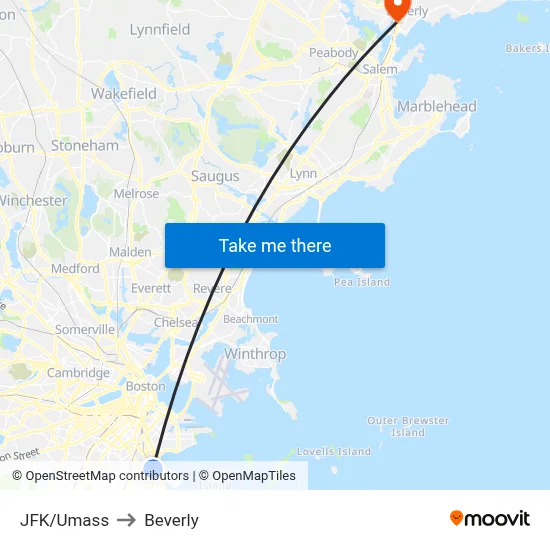 JFK/Umass to Beverly map