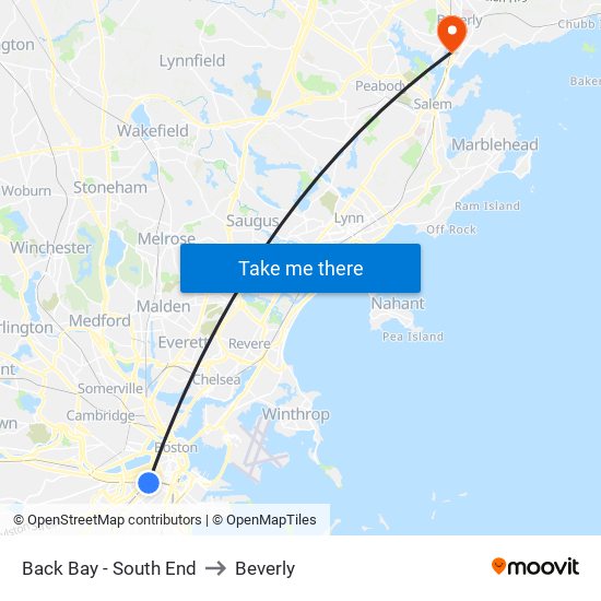 Back Bay - South End to Beverly map
