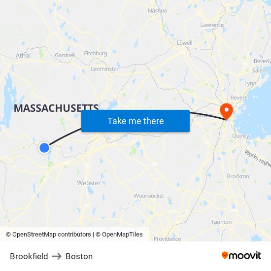 Brookfield to Boston map