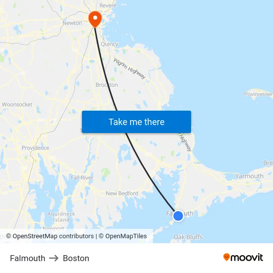 Falmouth to Boston map