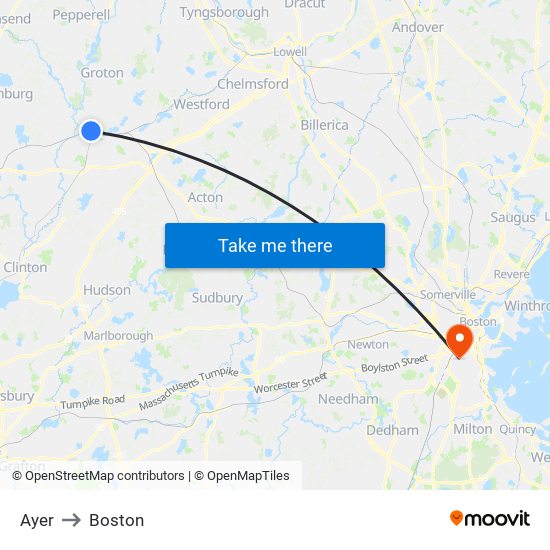 Ayer to Boston map