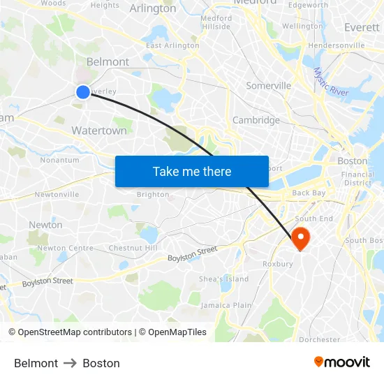 Belmont to Boston map