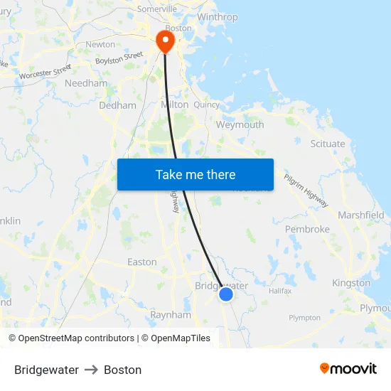 Bridgewater to Boston map