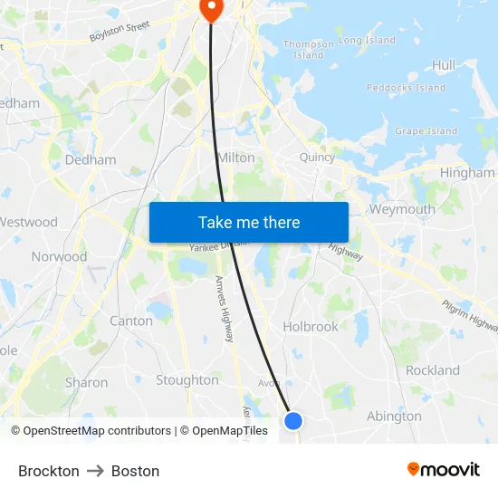 Brockton to Boston map