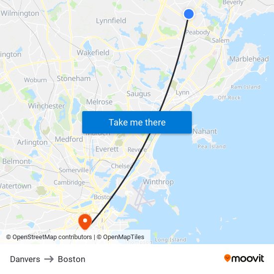 Danvers to Boston map