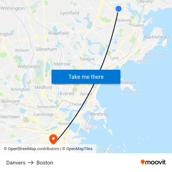 Danvers to Boston map